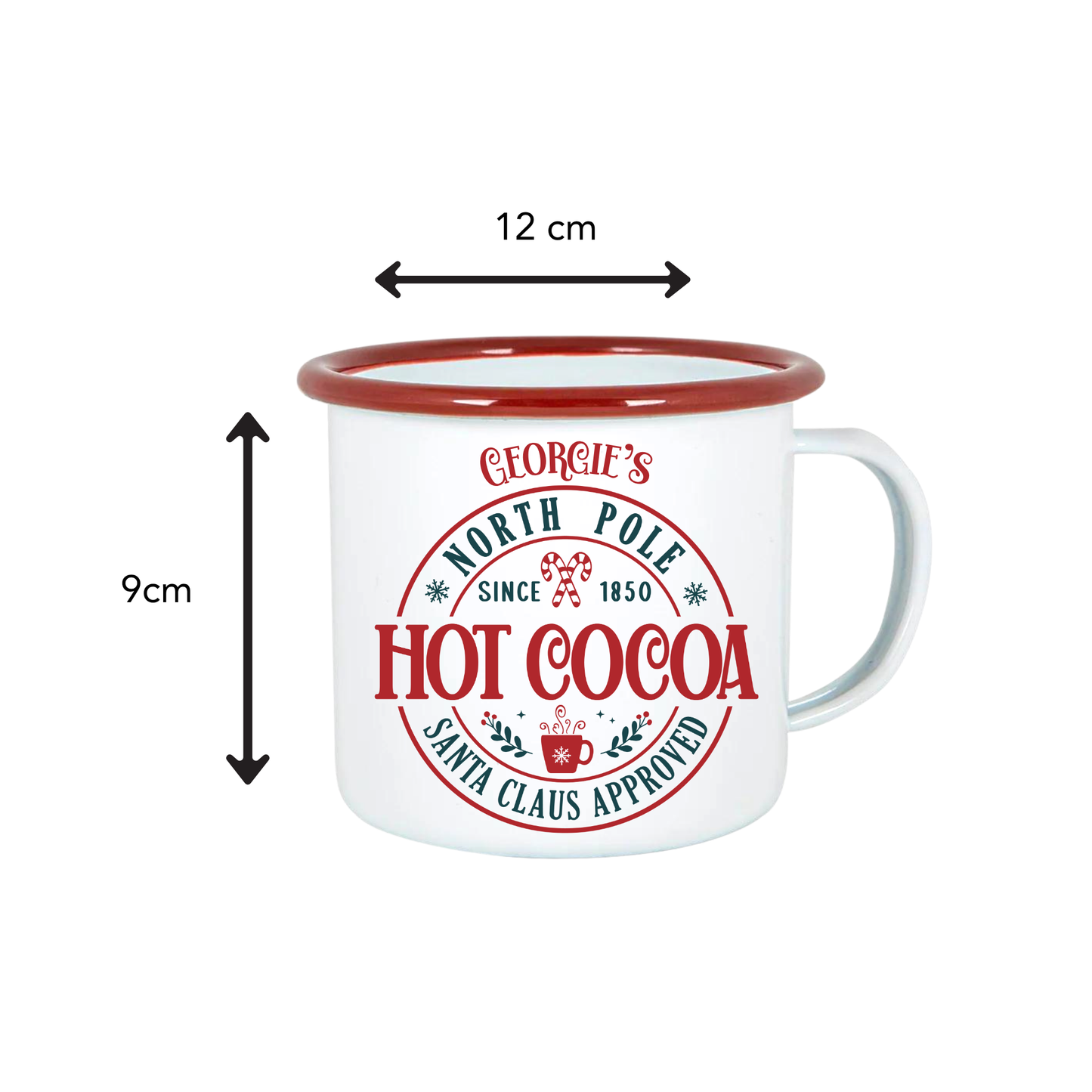 White mug with red rim and 'Hot Cocoa' text, dimensions indicated on a white background