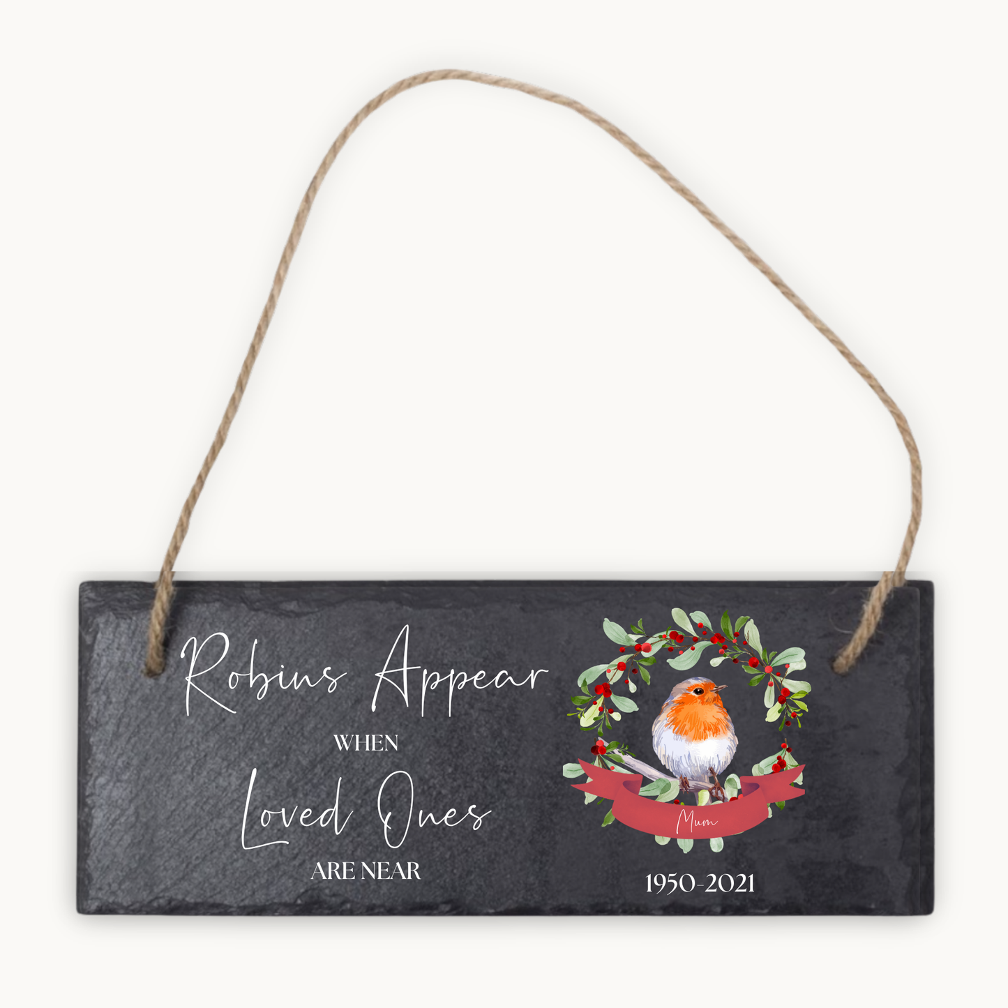 Personalised Robin Memorial Hanging Slate Sign – Wreath Design