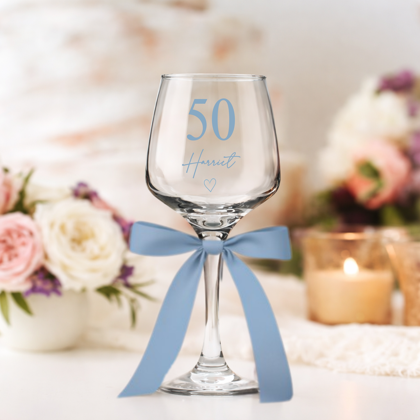 Personalised wine glass birthday gift with blue bow