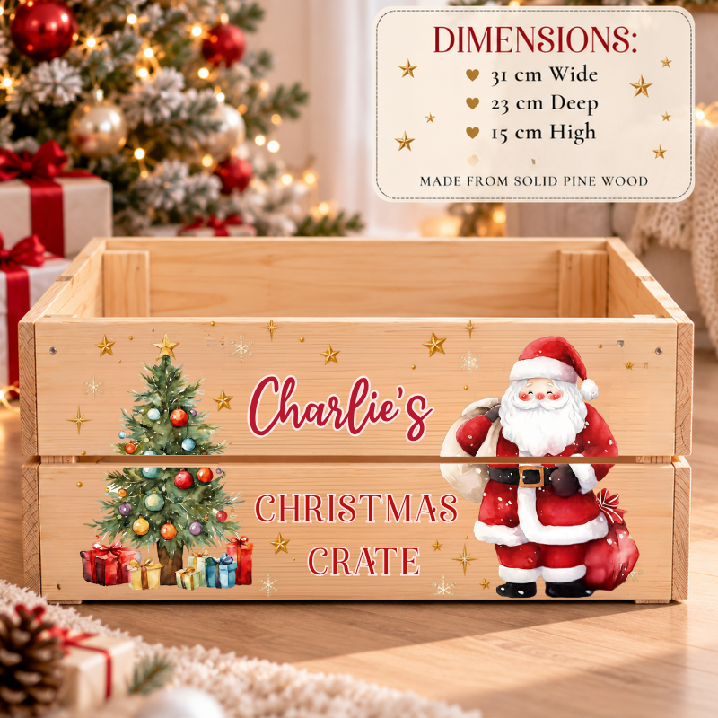 Personalized Christmas wooden crate with a printed Santa Claus and tree design, shown in a festive holiday setting with a dimension overlay in the top right.