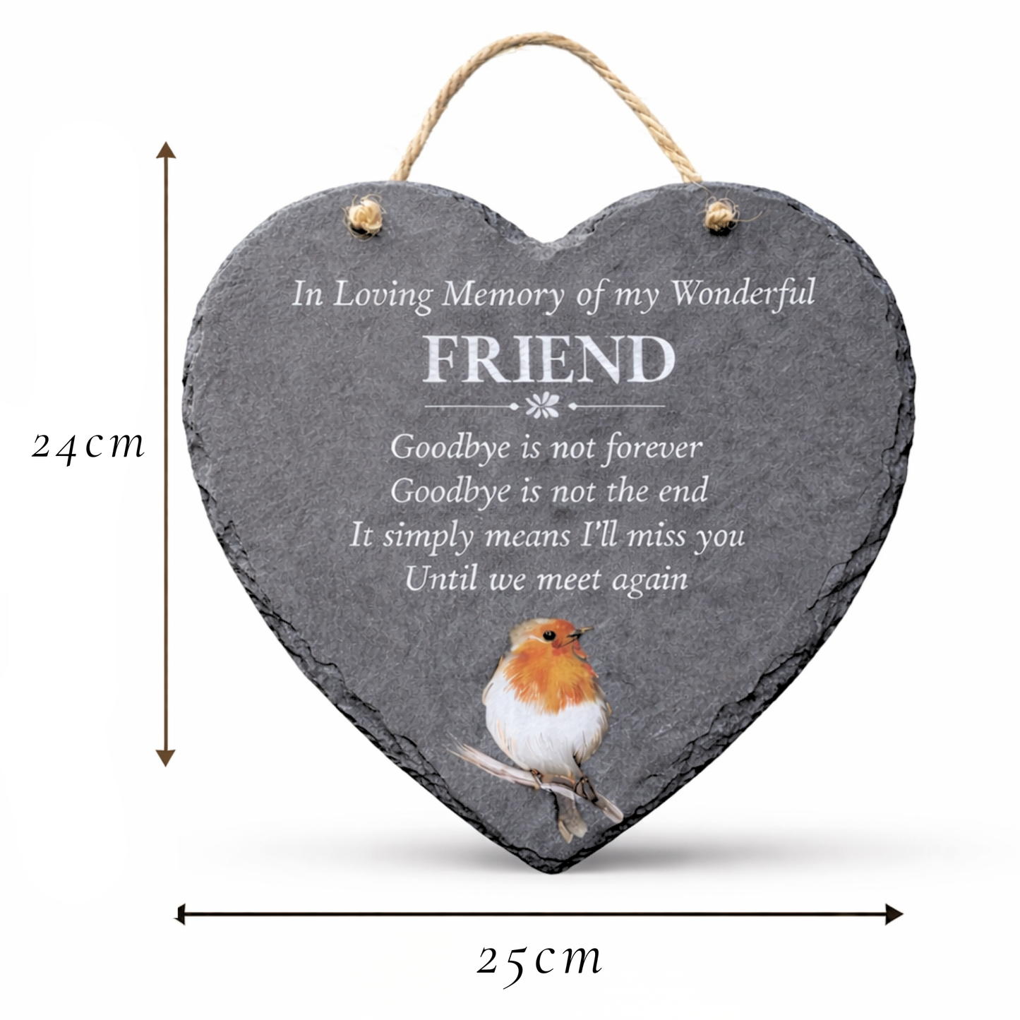 Heart-shaped slate plaque with engraved text and a robin illustration, dimensions indicated.