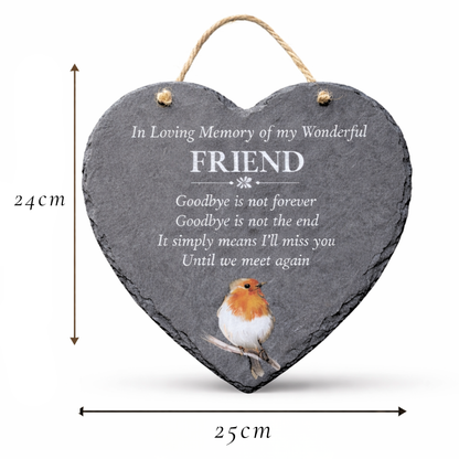 Heart-shaped slate plaque with engraved text and a robin illustration, dimensions indicated.