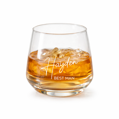 Personalised whiskey glass with engraved name and wedding role
