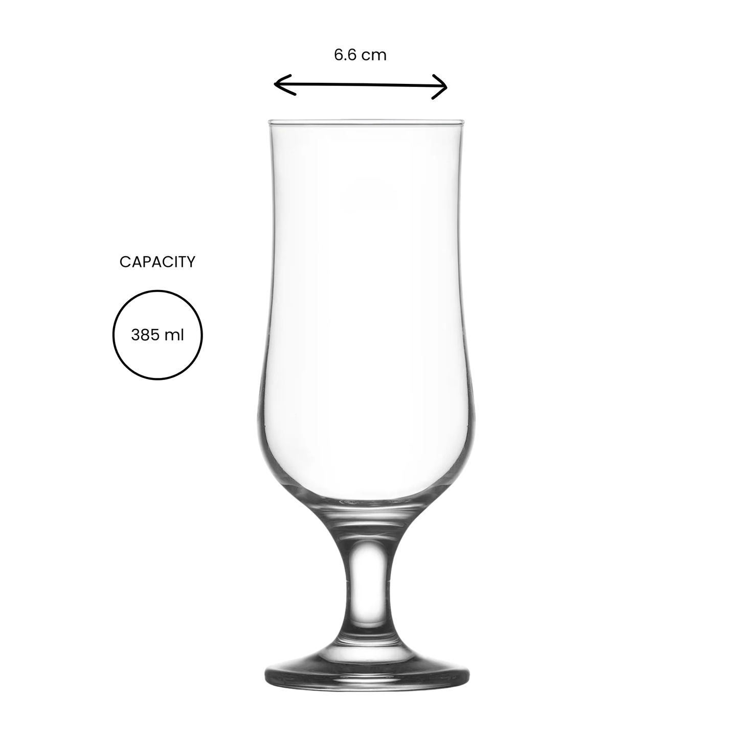 Clear glass with measurements and capacity label on a white background