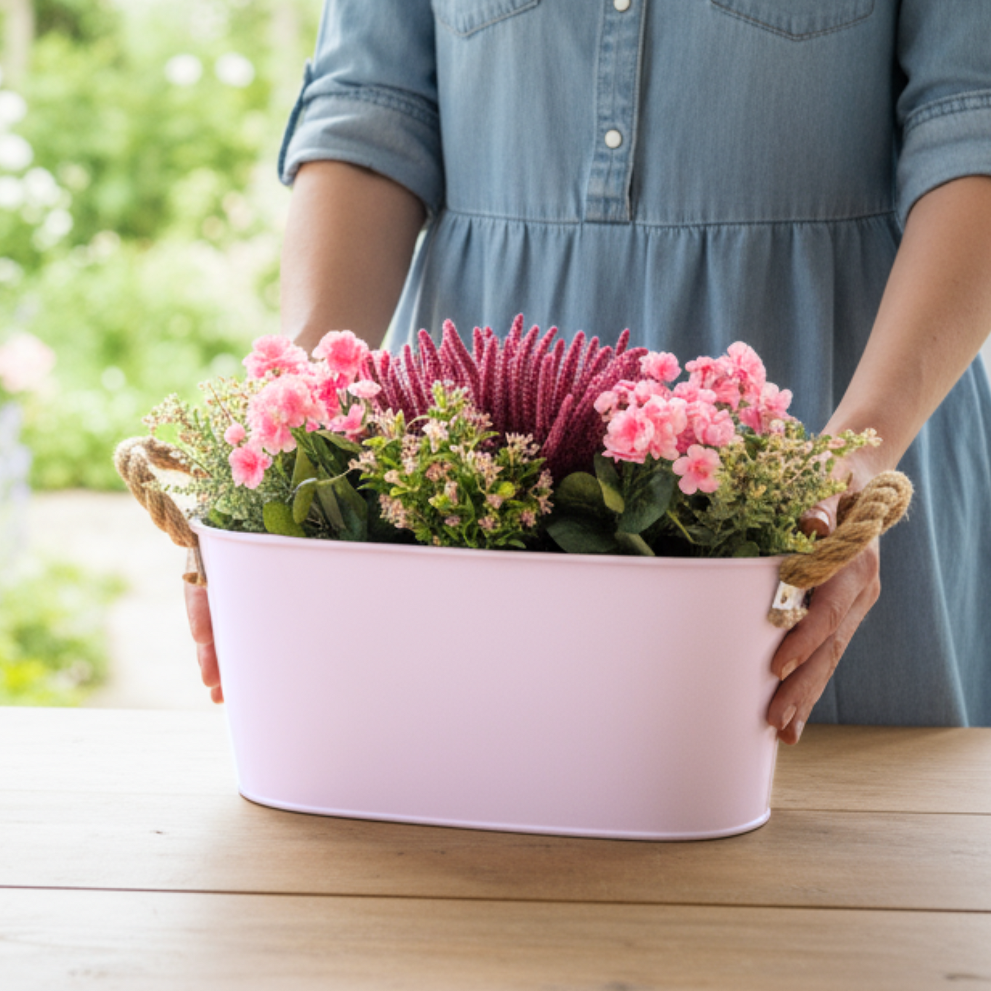 Person holding a pink metal planter with flowers outdoors