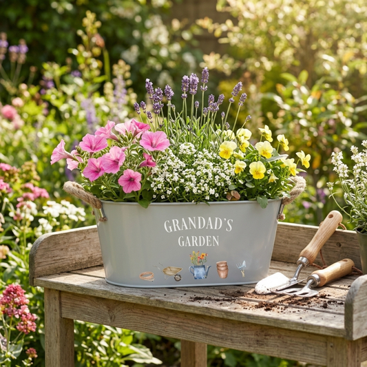 Decorative garden planter with flowers on a wooden bench in a garden setting