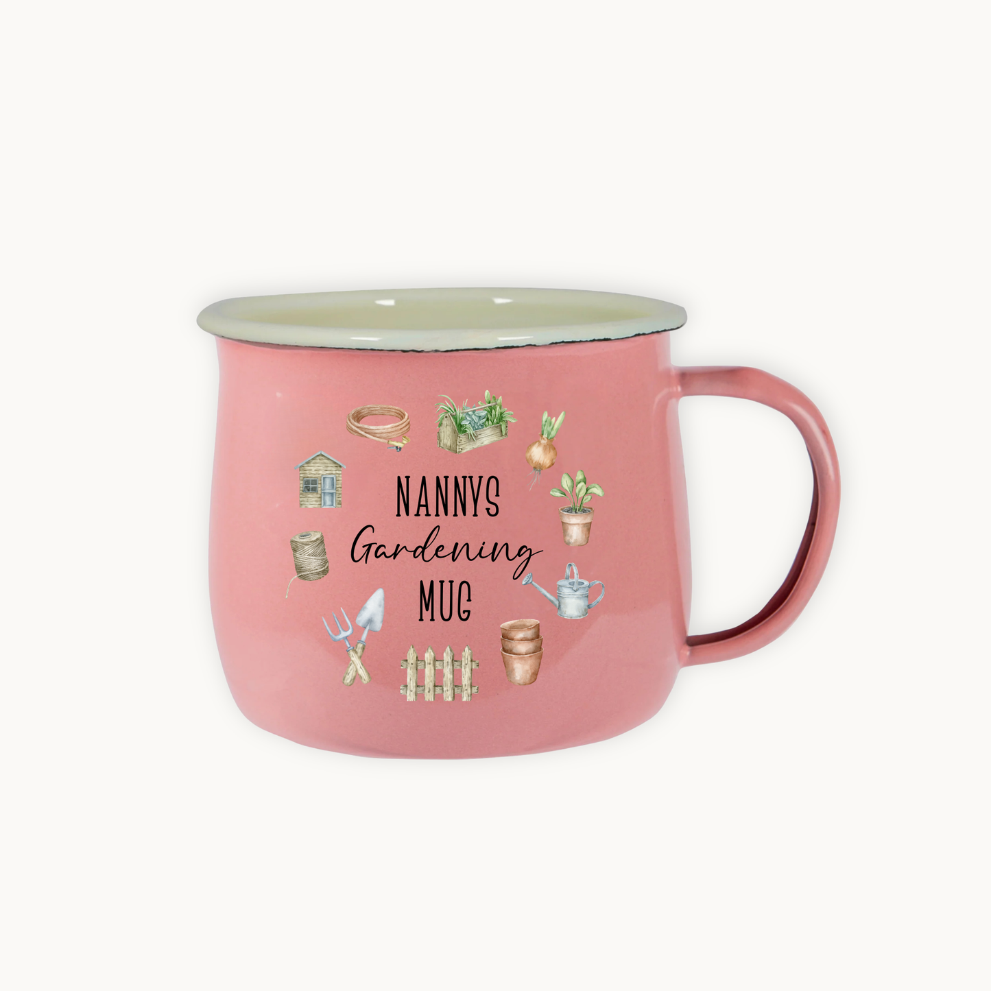 Pink mug with gardening-themed illustrations and 'Nanny's Gardening Mug' text on a white background