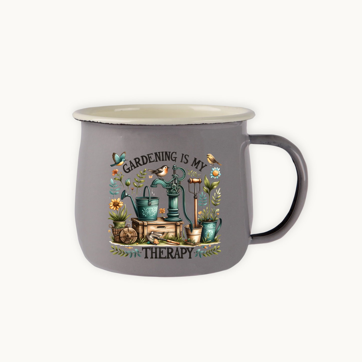 Gray mug with gardening-themed design and text on a white background