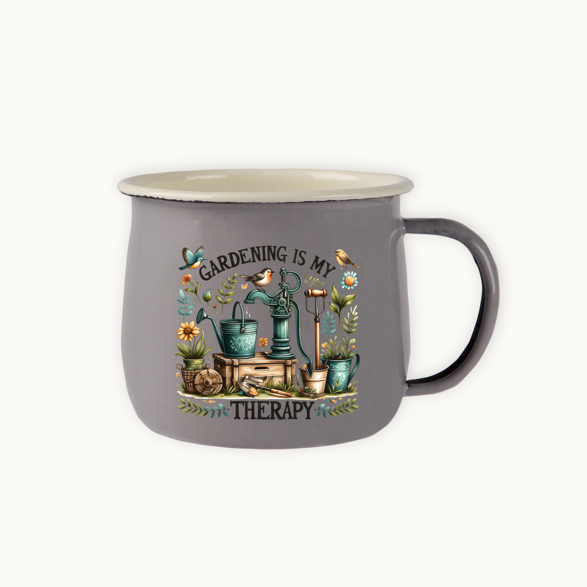 Gray mug with gardening-themed design and text on a white background