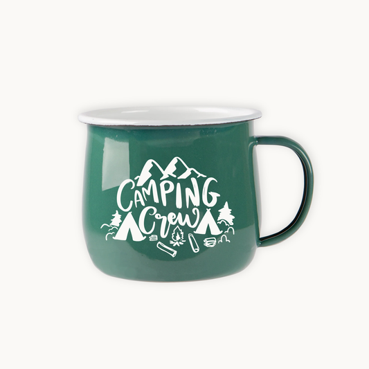 Green mug with 'Camping Crew' design on a white background
