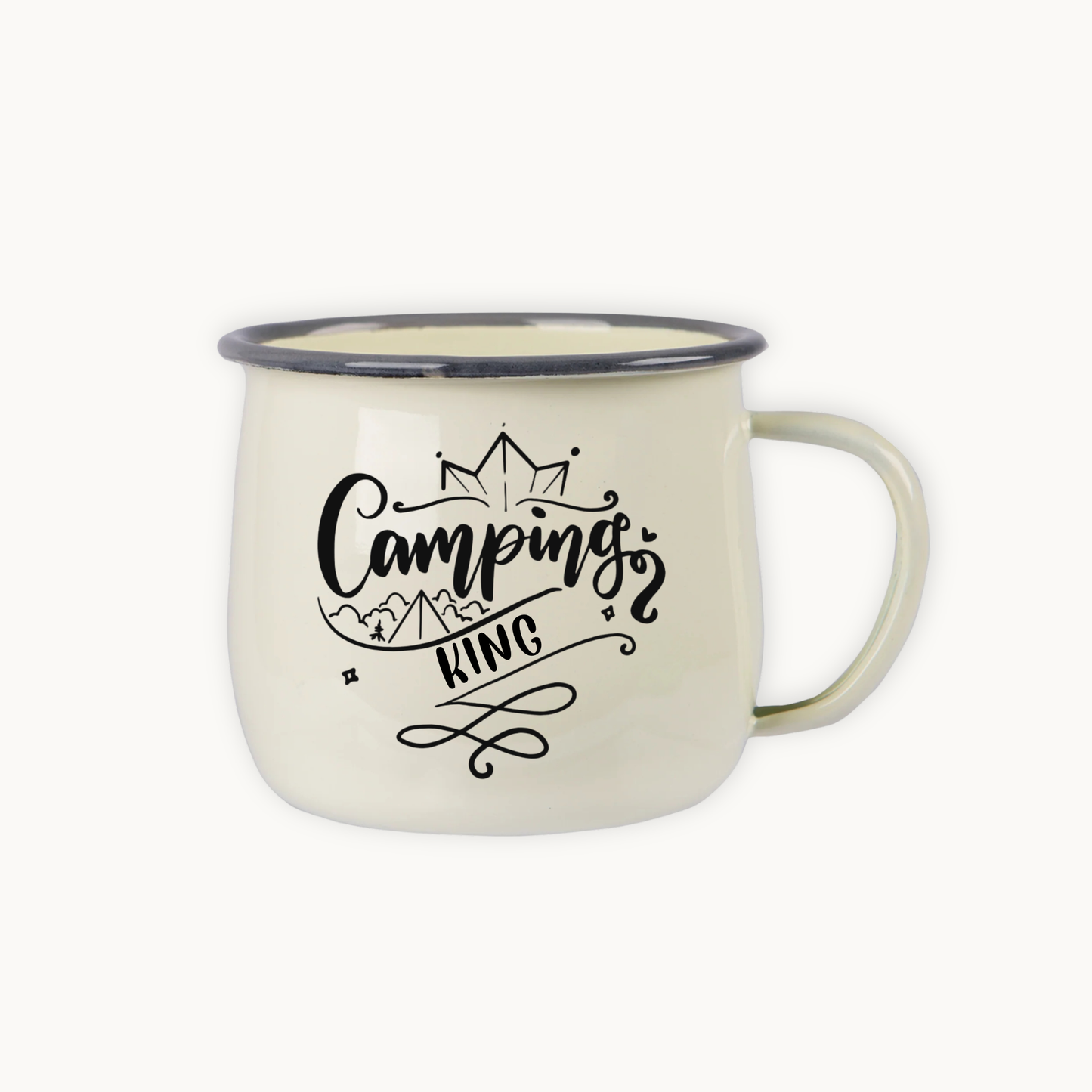 Camping-themed mug with 'Camping King' text on a white background