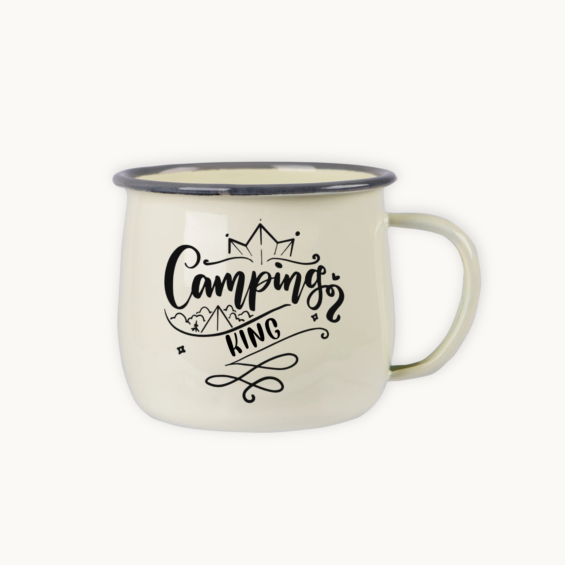 Camping-themed mug with 'Camping King' text on a white background