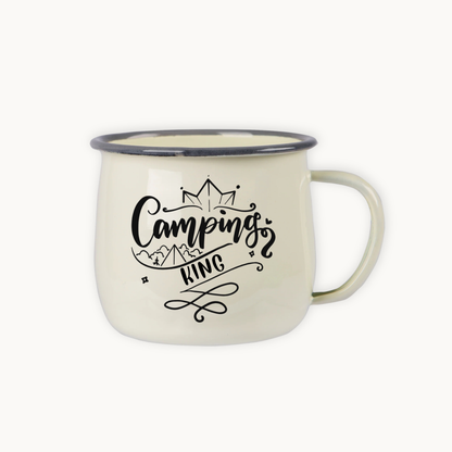 Camping-themed mug with 'Camping King' text on a white background