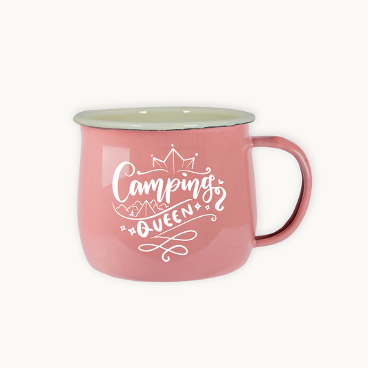 Pink mug with 'Camping Queen' text on a white background