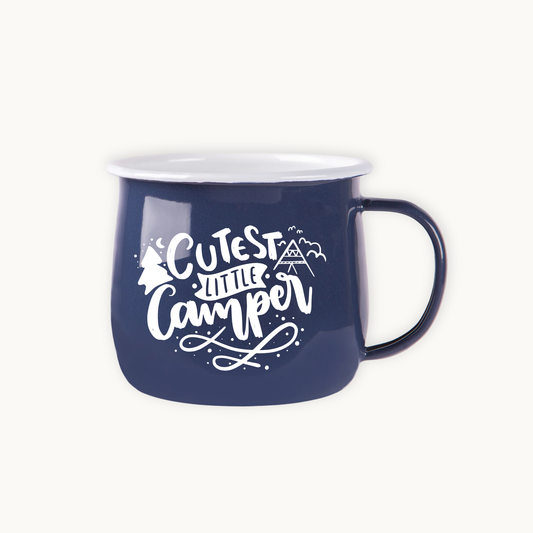 Navy blue mug with 'Cutest Little Camper' text on a white background