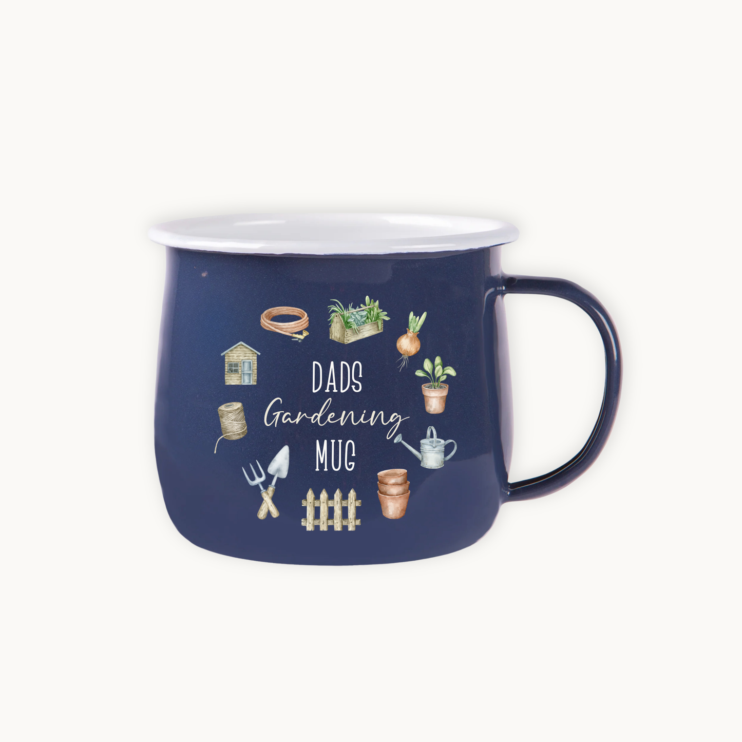 Navy blue mug with gardening-themed illustrations and text on a white background
