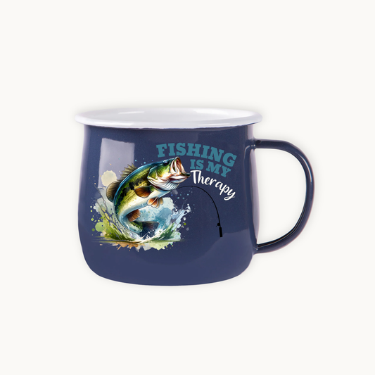 Navy blue mug with fishing design and text 'Fishing is my Therapy' on a white background