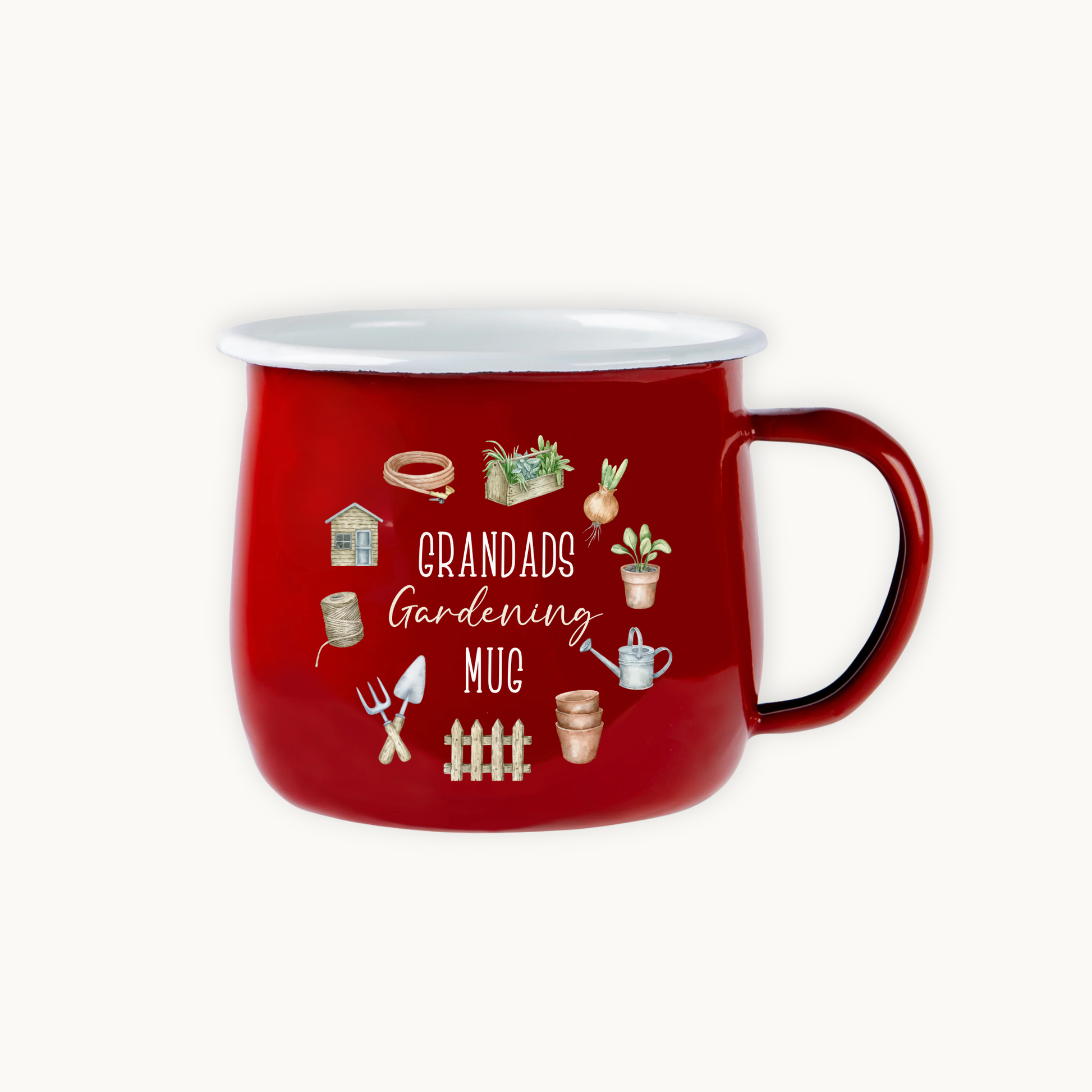 Red mug with gardening-themed illustrations and text on a white background