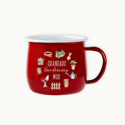 Red mug with gardening-themed illustrations and text on a white background