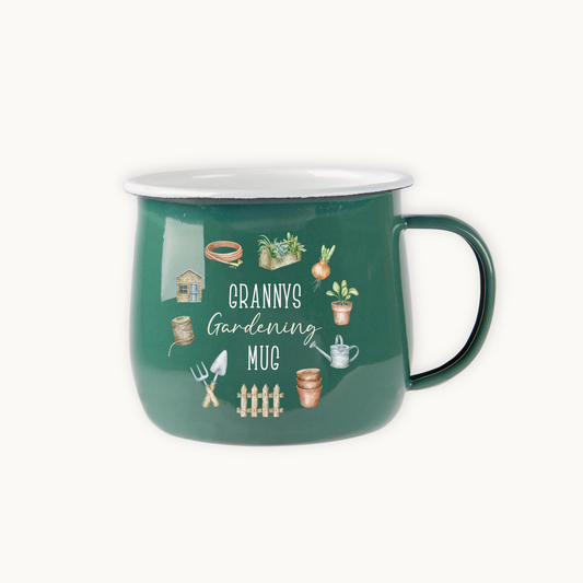 Green mug with gardening-themed illustrations and 'Granny's Gardening Mug' text on a white background