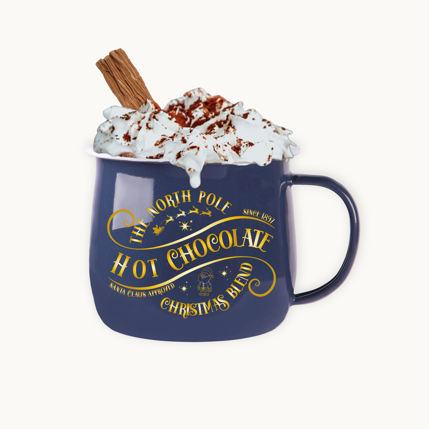 Navy mug with gold text labeled 'Hot Chocolate' filled with hot chocolate and whipped cream on a white background