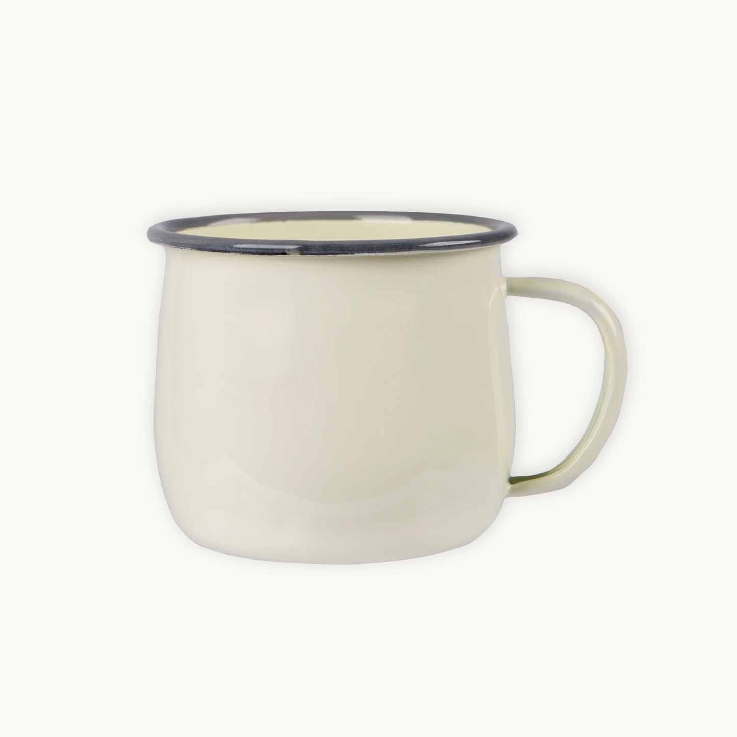 White mug with a black rim on a white background