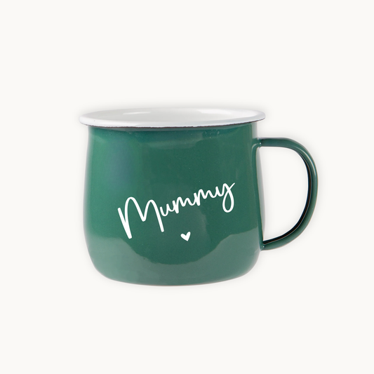 Green mug with 'Mummy' and a heart on a white background
