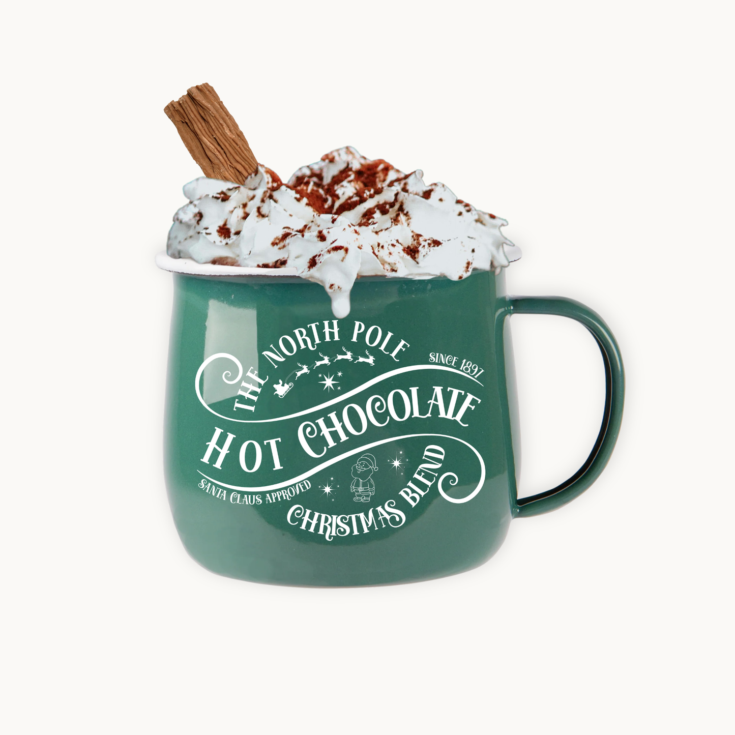 Green mug with 'Hot Chocolate Christmas Blend' text, filled with hot chocolate and whipped cream, on a white background.
