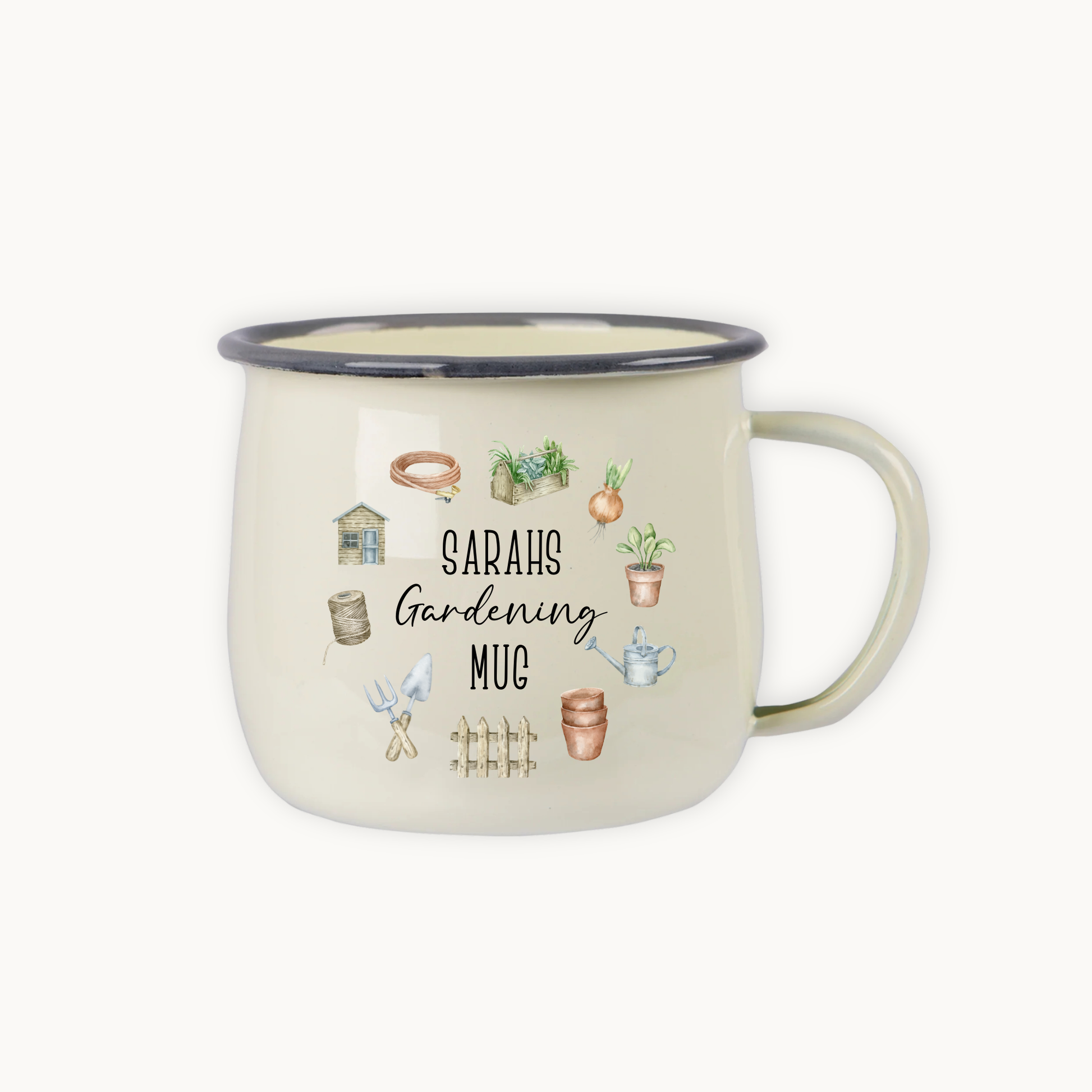 Beige mug with gardening-themed design and text on a white background