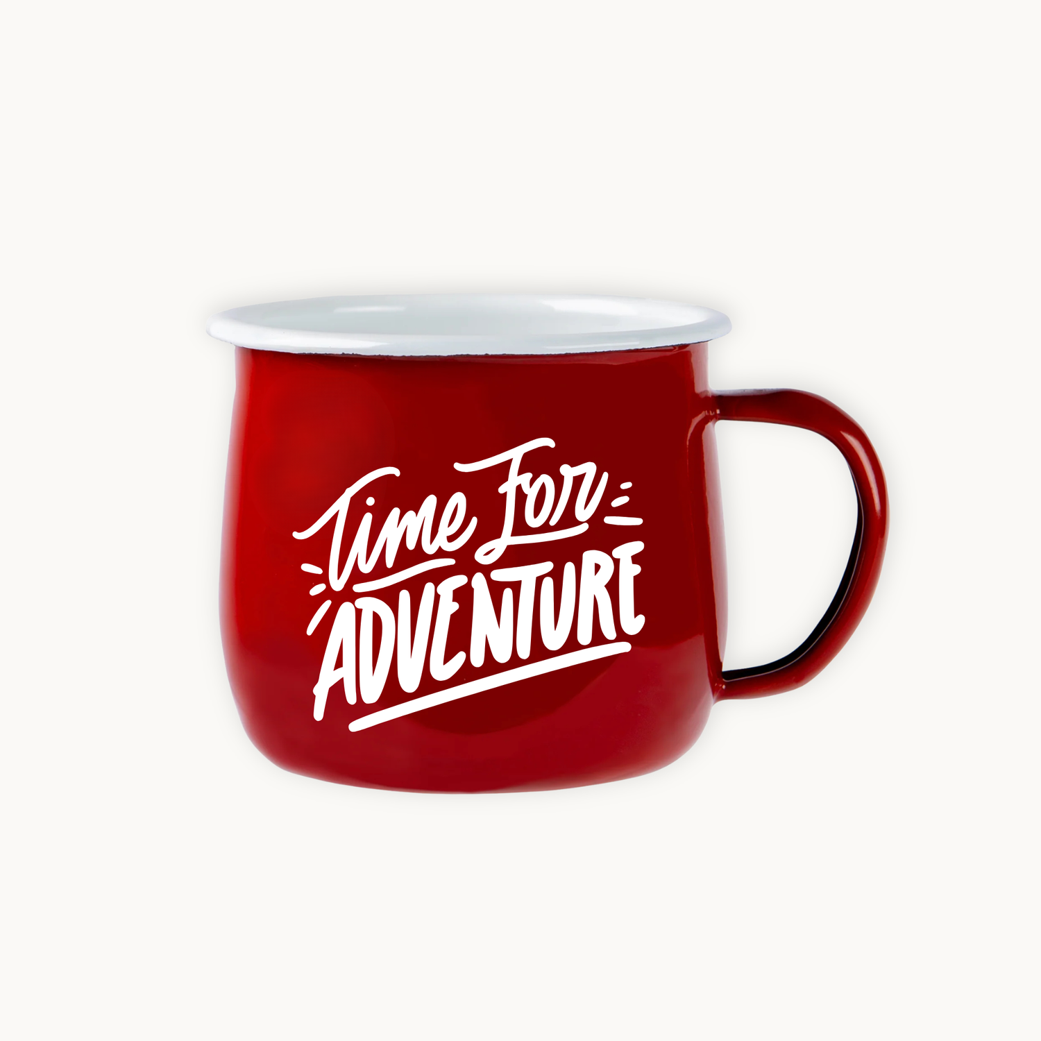 Red mug with 'Time for Adventure' text on a white background