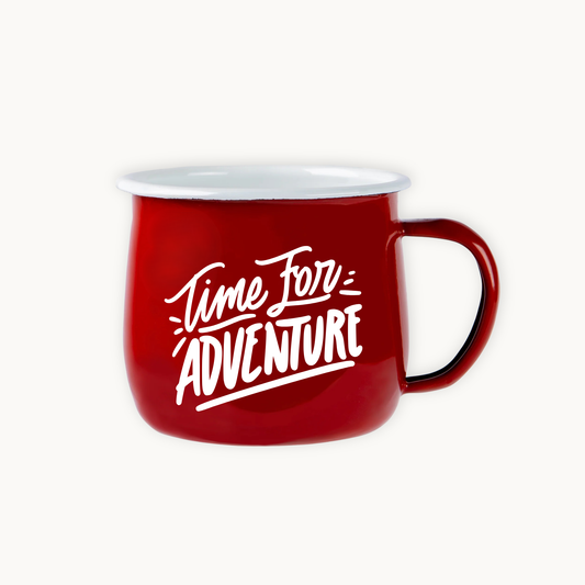 Red mug with 'Time for Adventure' text on a white background