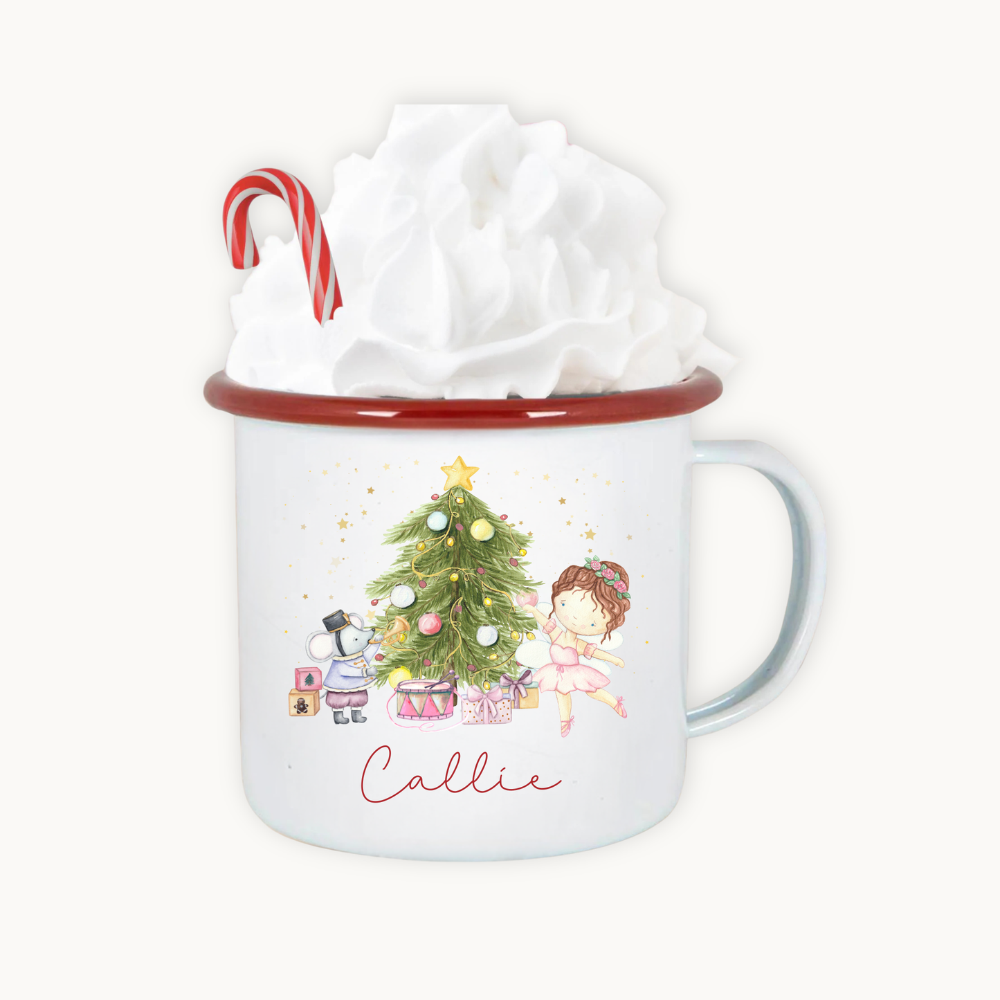 White mug with Christmas design and candy cane, gift-wrapped with tissue paper on a white background