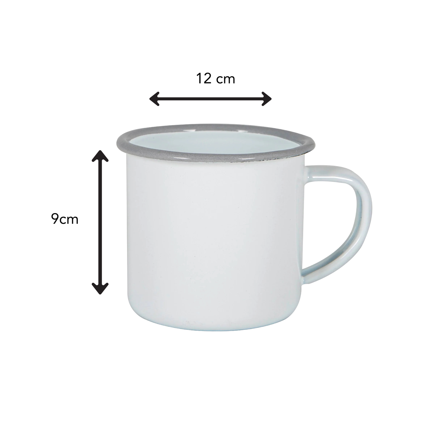 White mug with grey rim, with dimensions labeled on a white background