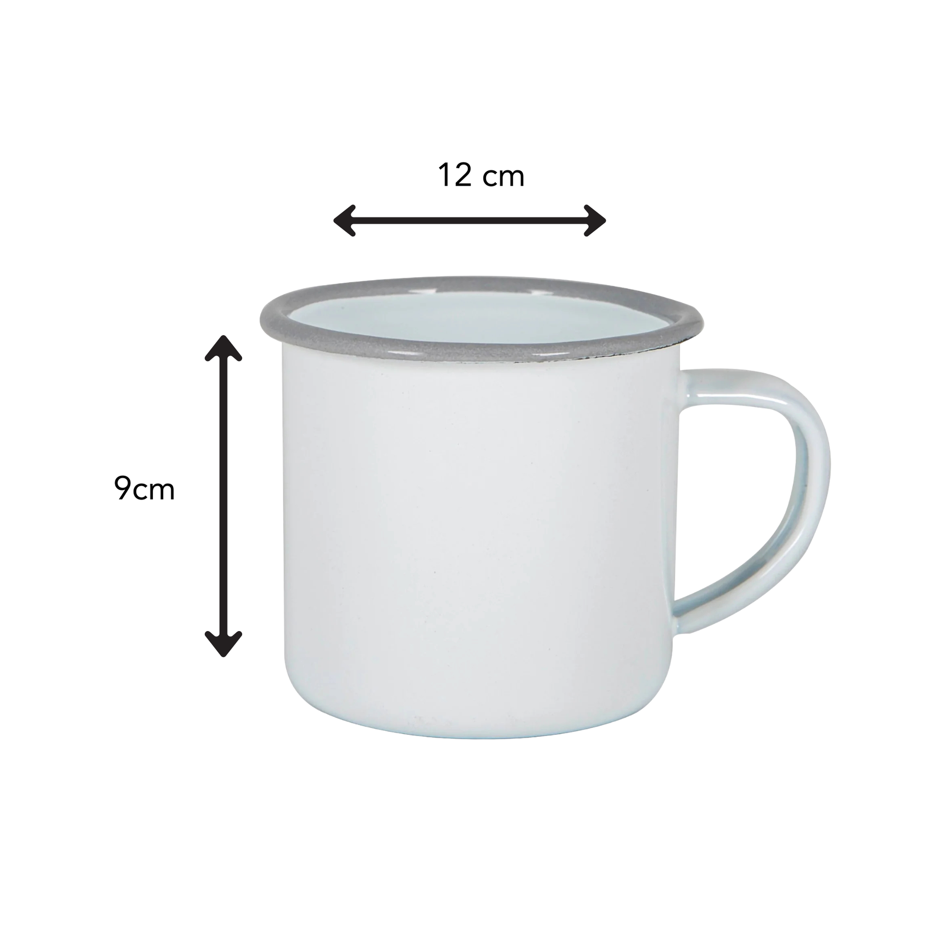 White mug with grey rim, with dimensions labeled on a white background