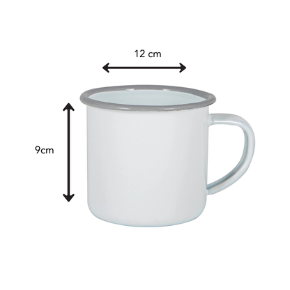 White mug with grey rim, with dimensions labeled on a white background