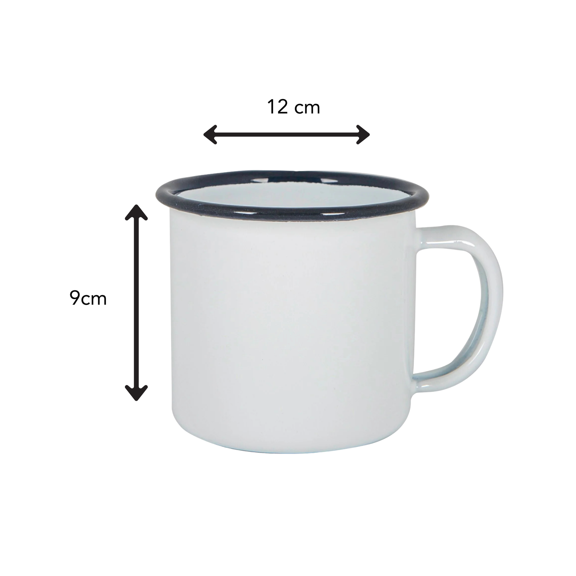 White mug with Navy rim and handle, shown with dimensions on a white background