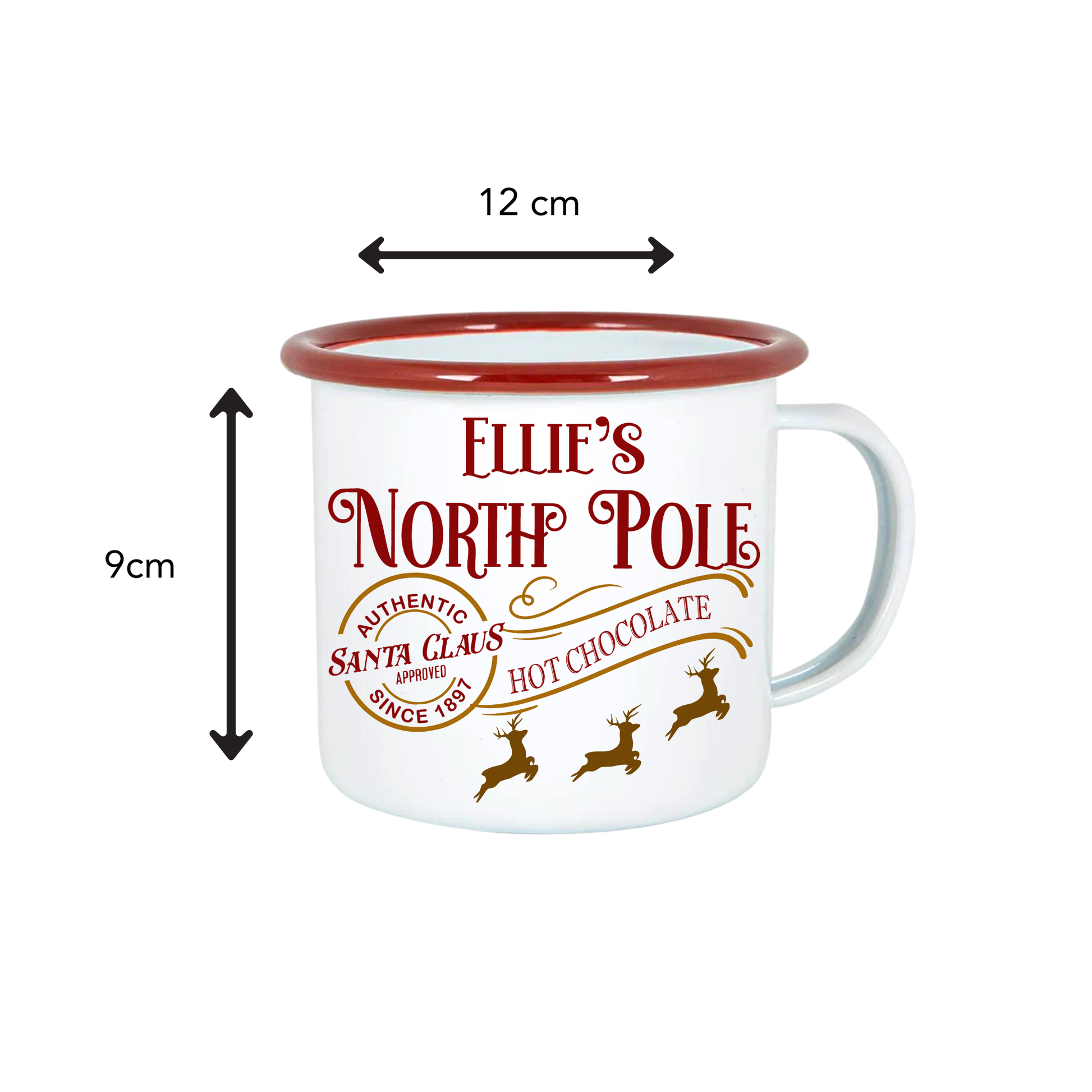 White mug with red rim and 'Ellie's North Pole' text, dimensions shown on a white background