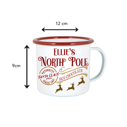 White mug with red rim and 'Ellie's North Pole' text, dimensions shown on a white background