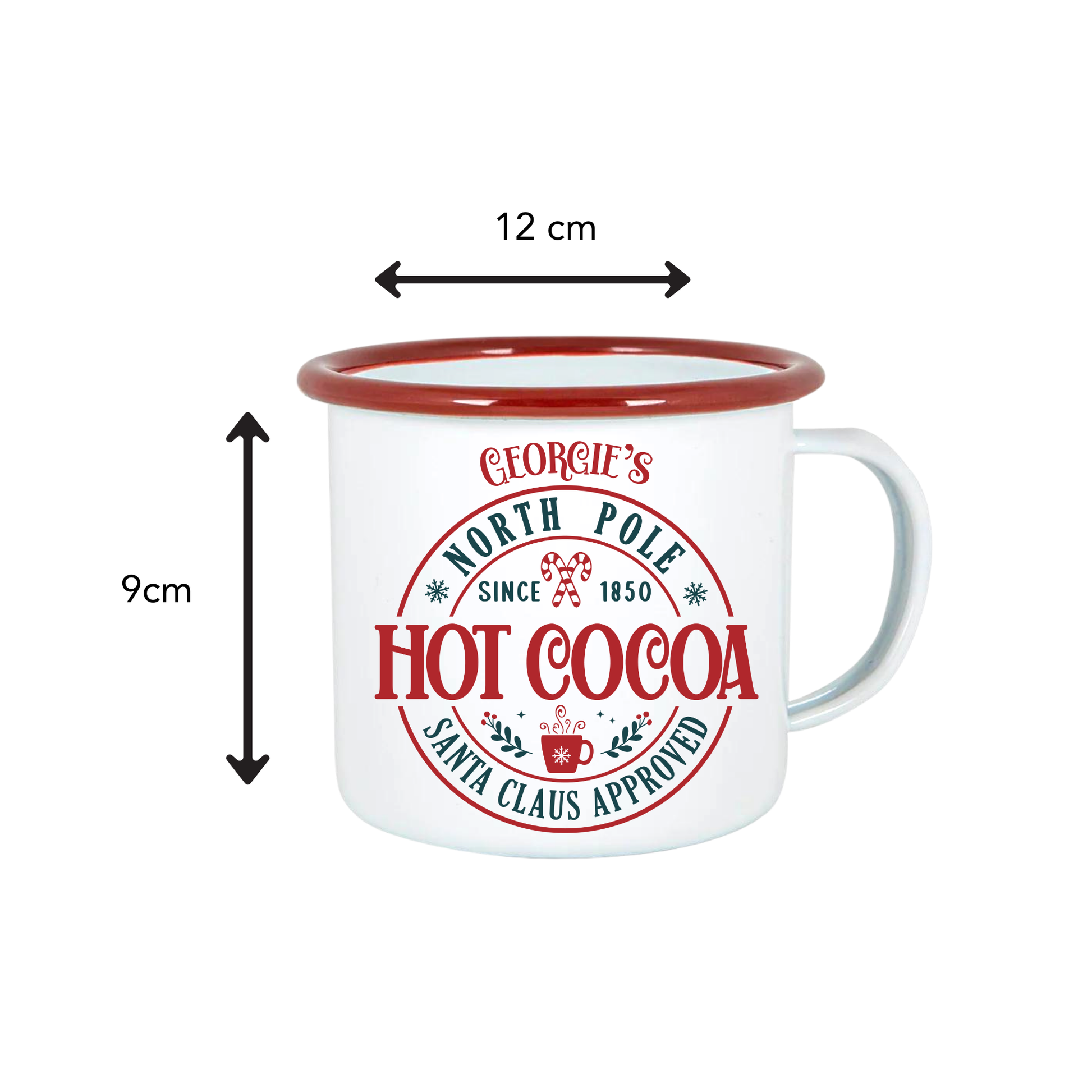 White mug with red rim and 'Hot Cocoa' text, dimensions indicated on a white background