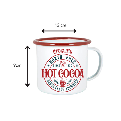 White mug with red rim and 'Hot Cocoa' text, dimensions indicated on a white background