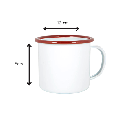 White mug with red rim and dimensions labeled on a white background