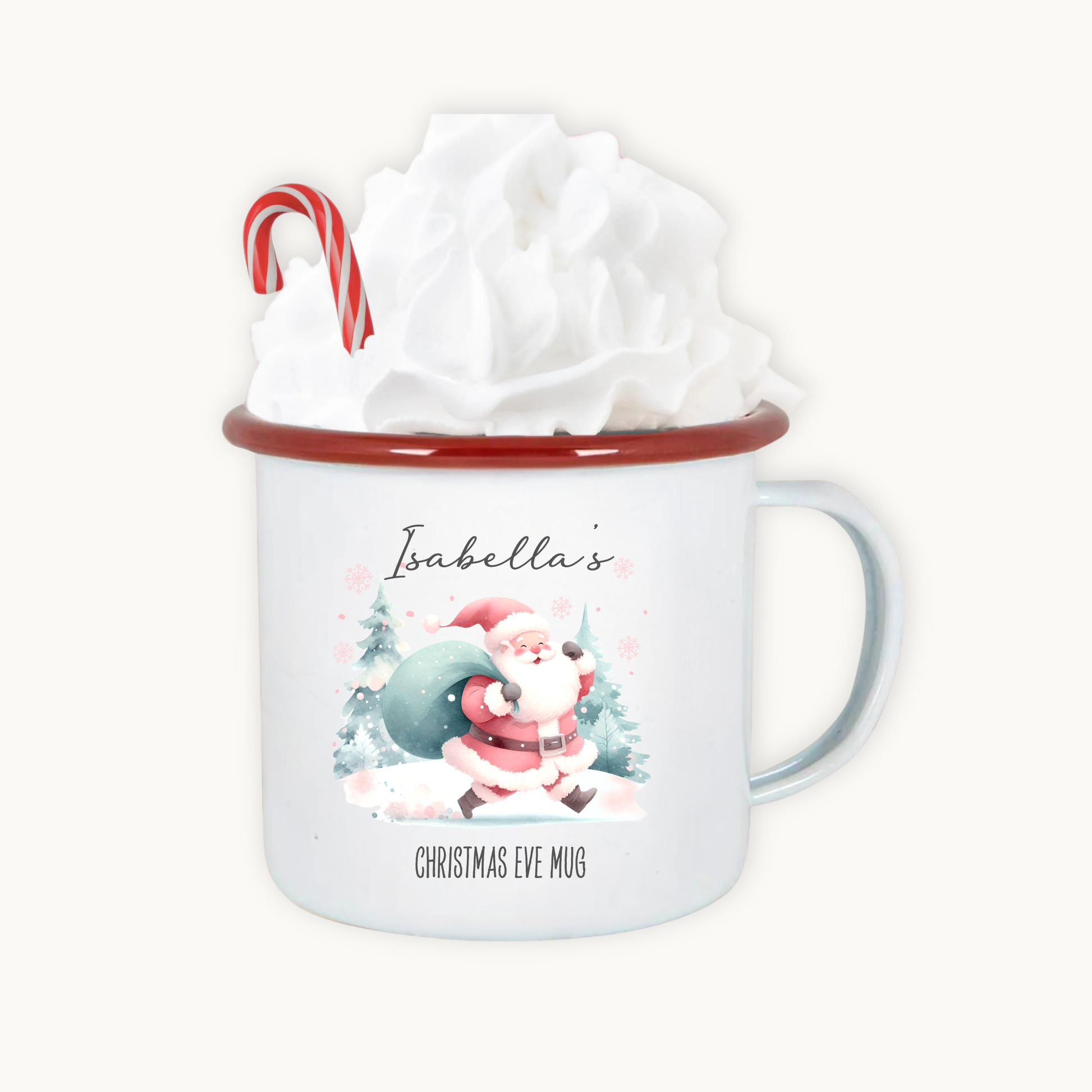 Christmas-themed mug with Santa Claus design and candy cane, wrapped in tissue paper.