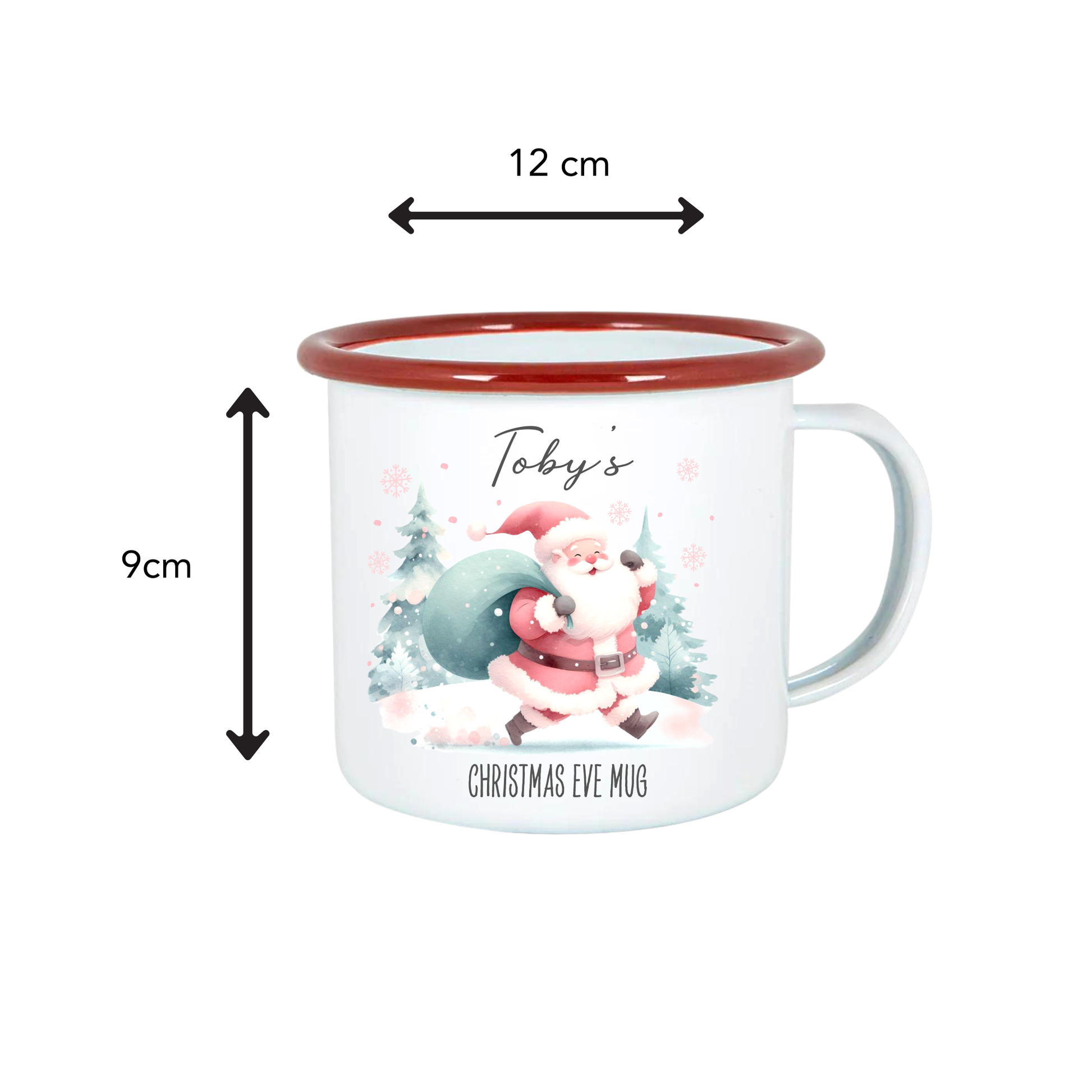 White mug with red rim and Santa Claus design, labeled 'Toby's Christmas Eve Mug', with measurements indicated.