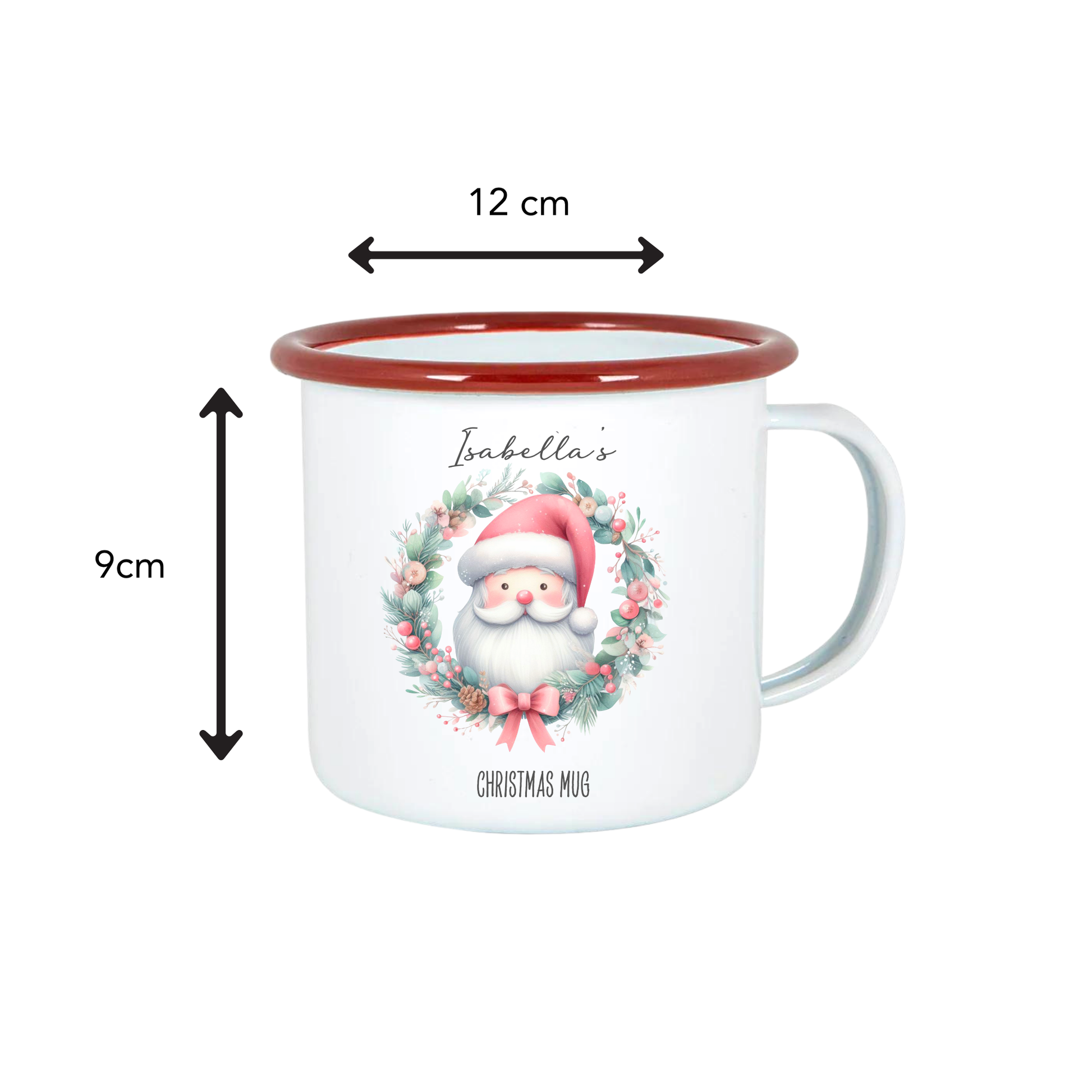 Christmas mug with Santa Claus design and dimensions on a white background