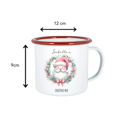 Christmas mug with Santa Claus design and dimensions on a white background