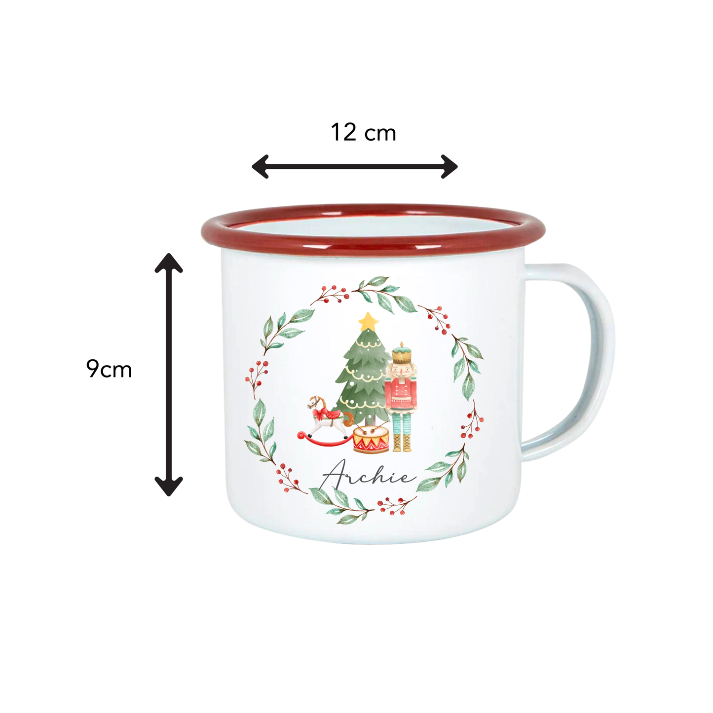 Mug with Christmas design and measurements on a white background