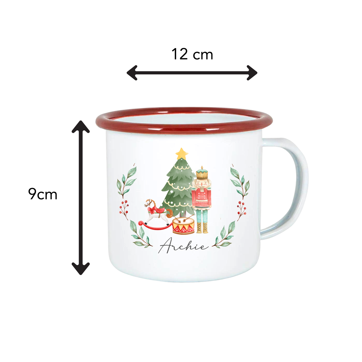 White mug with Christmas design and dimensions labeled