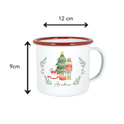 White mug with Christmas design and dimensions labeled