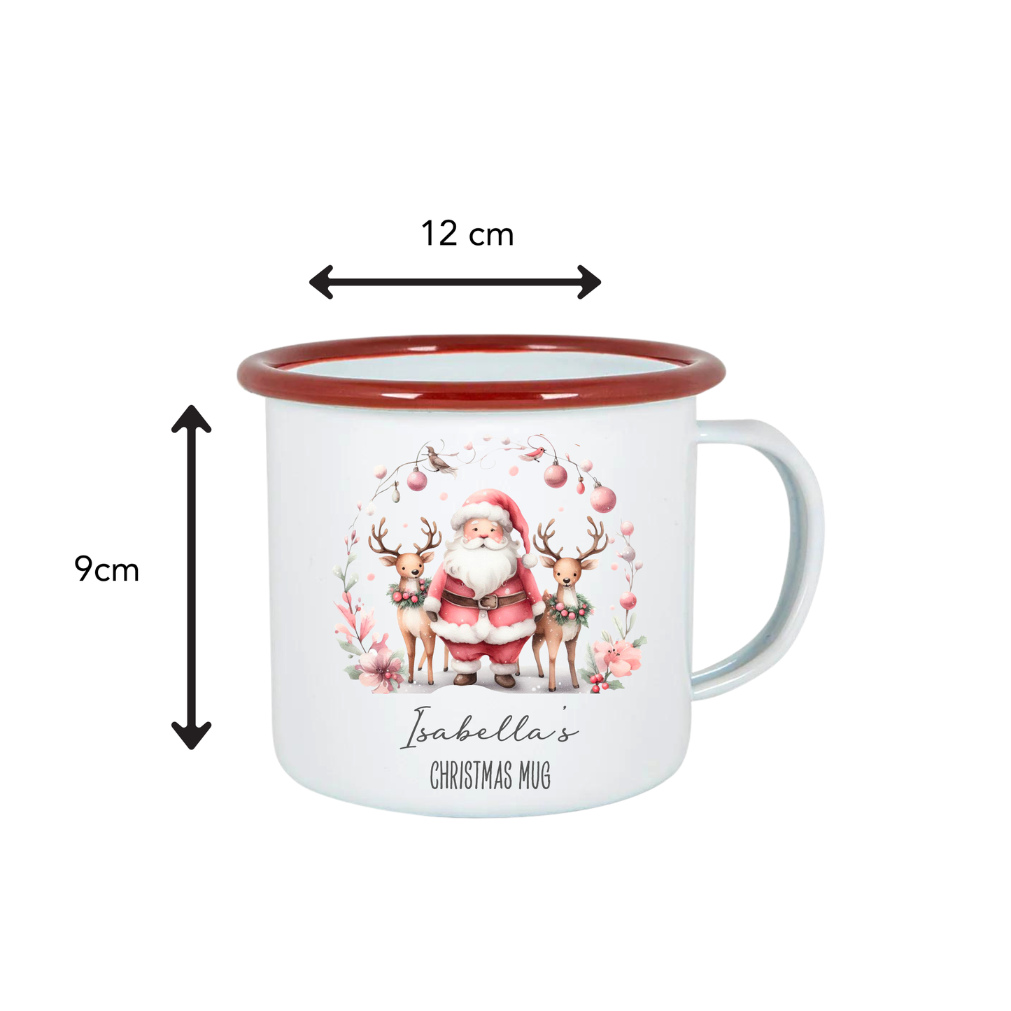 White mug with red rim and Santa Claus design, labeled 'Isabella's Christmas Mug', with dimensions indicated.