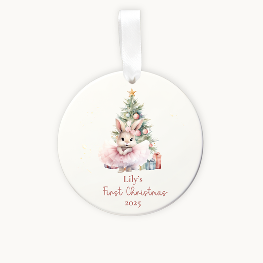 Personalised baby’s first Christmas ceramic ornament with watercolour tree design and satin ribbon – Callie Keepsakes